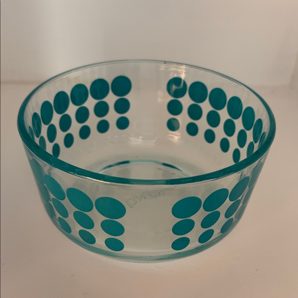 Pyrex 1 Qt Glass Bowl with HTF Turquoise Polka Dots 7201 VGUC - Picture 2 of 8